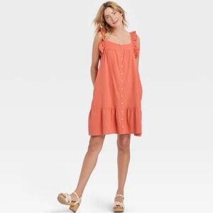 Universal Thread Apricot Flutter Sleeve Tiered Button Front Dress L Large
